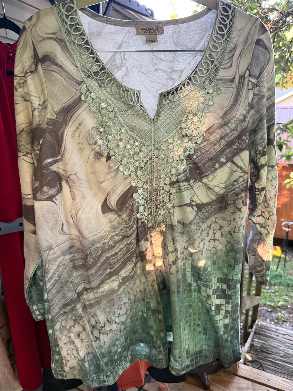 One World Women’s Large Green Marble-Print Women’s Tunic Top 3/4 sleeves